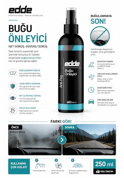 Edde Araba Araç Oto Cam Buğu Giderici Buğu Önleyici Sprey Buhar Önleyici Anti-fog 250 Ml Oto Detailing