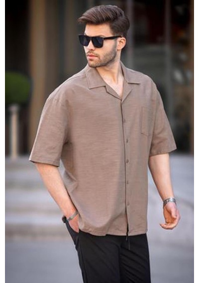 Madmext Kahverengi Kısa Kollu Oversize Erkek Gömlek 6737 Kahverengi