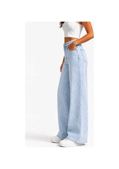 J&kstores Kadın Yüksek Bel Bol Paça Jean Kot Palazzo Pantolon Buz Mavisi