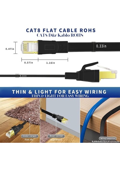 Cat8 Ethernet Kablosu, Yüksek Hızlı Ve Dayanıklı Cat8 Lan Ağ Kablosu 40gbps,yüksek Hızlı Ve Dayanıklı Cat8, 2000mhz,siyah,2m