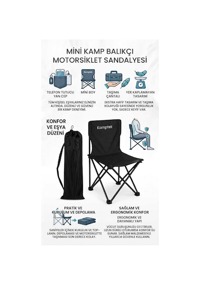 Kamptek Doğa Ve Balıkçı Sandalyesi - Yer Kaplamaz Mini Boy Tabure Telefon Koyma Cepli Sağlam Balıkçı Sandalye Tabure Siyah