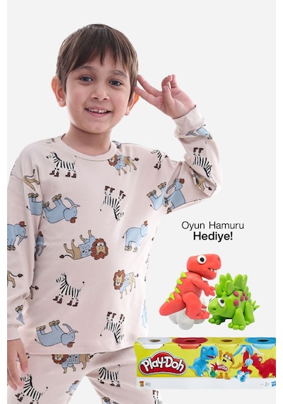 Zuzunga Animal Desenli İnterlok %100 Pamuk Çocuk Pijama Takımı 4'lü Oyun Hamuru Hediye Bej