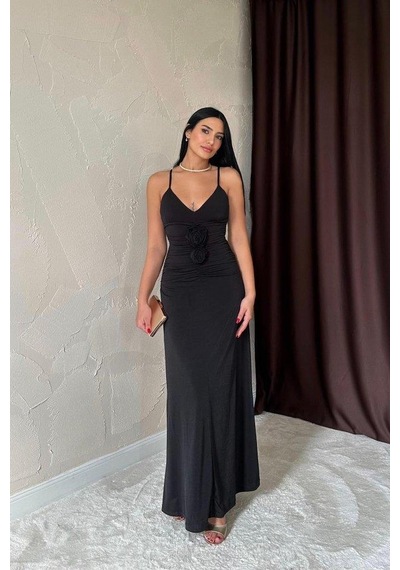 Valensdesign Siyah Büzgülü Uzun Güllü Elbise Siyah