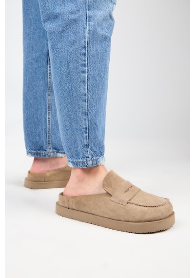 Manijero Ziva Kadın Hakiki Deri Loafer Platform Vizon Terlik