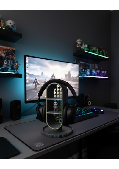 Elana Design Raflı Gamer Kulaklık Standı & Masa Üstü Organizer 1 Adet Mini Figür li - Galaksi Gri