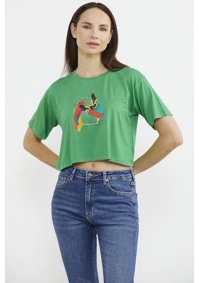 Oversize Baskılı Crop Tişört - Yeşil Çok Renkli