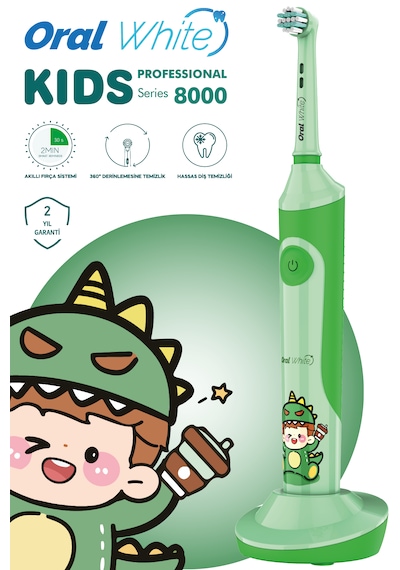 Oral White Professional Series 8000 Çocuklara Özel Şarjlı Diş Fırçası Yeşil Color Kids Yumuşak Başlık