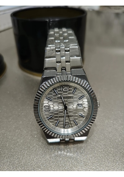 Analog Quartz Makina Metal Erkek Kol Saati Beyaz Kadran Su Geçirmez Altın - Gümüş