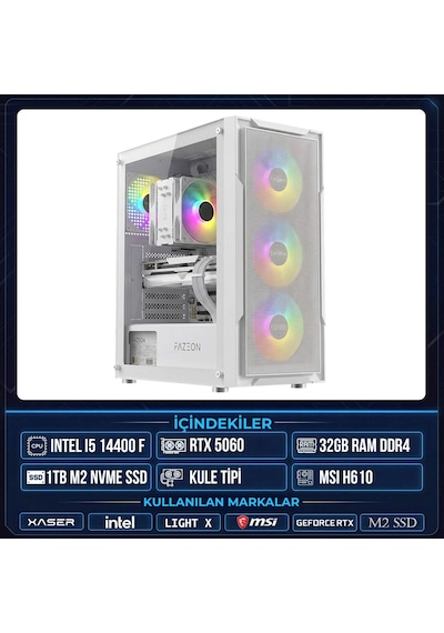 Xaser Light X80 i5-14400F 32 GB 1 TB M.2 NVMe SSD 8 GB RTX5060 Free Dos Masaüstü Oyuncu Bilgisayarı