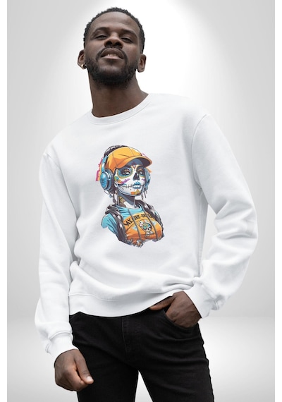 Robot Kız Müzik Kulaklık Şapka Unisex Beyaz Baskılı Sweatshirt Beyaz