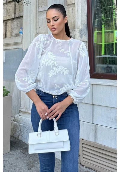 WeShaya Ekru Nakışlı Bürümcük Şifon Bluz Ekru