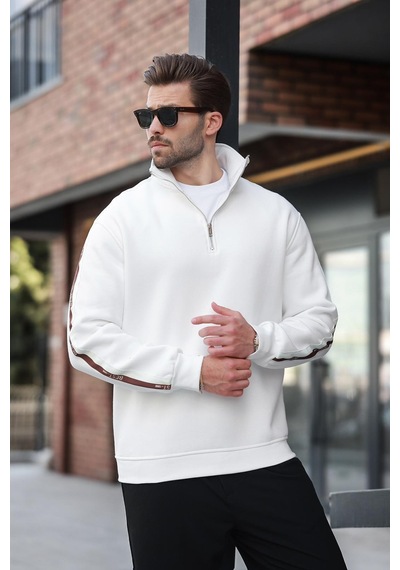 Madmext Ekru Fermuarlı Yarım Balıkçı Yaka Erkek Sweatshirt E7164 Ekru