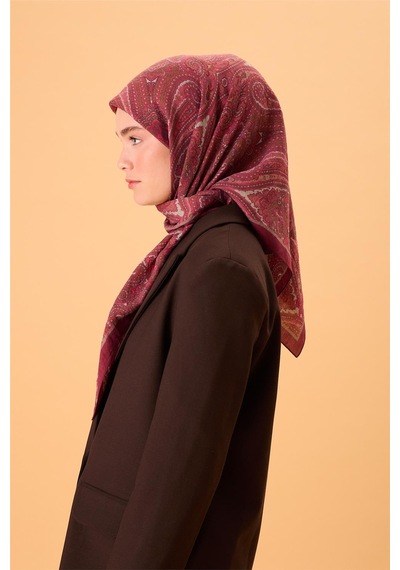 Silk Home Viskon Karışımlı Velora Eşarp Mürdüm-vizon Yeşil Gümüş Pembe Desenli Tok Duruşlu 90x90 Çok Renkli