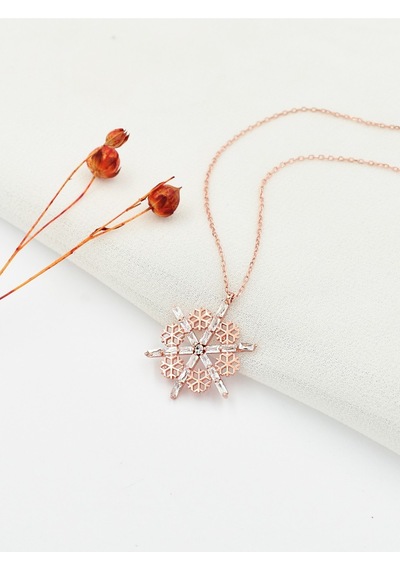 Brezza Lusso Jewelry Rose Kar Tanesi Baget Zirkon Taşlı Kadın Gümüş Kolye 45 CM