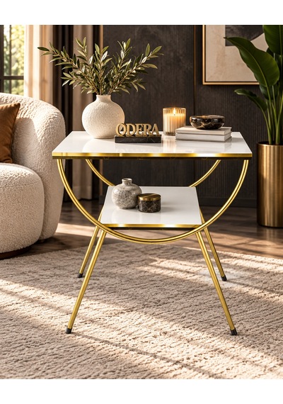 Odera Çift Beyaz Çift Raflı Yan Sehpa Komodin Metal Ayaklı Retro Modern Sehpa Diğer