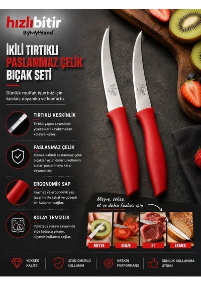 Bymyhand Paslanmaz Çelik Kırmızı Meyve Bıçağı Soyma Bıçağı Dilimleme Bıçağı 2'li Set