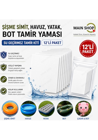 Mainshop 12 Adet Su Geçirmez Şeffaf Onarım Yaması - Şişme Yatak Ve Deniz Malzemeleri Tamir Seti M-51