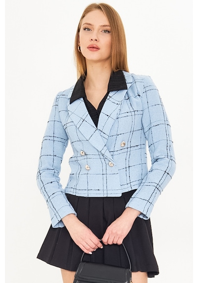 Armonika Kadın Mavi-siyah Kruvaze Yaka Tüvit Crop Ceket Arm-24k001014