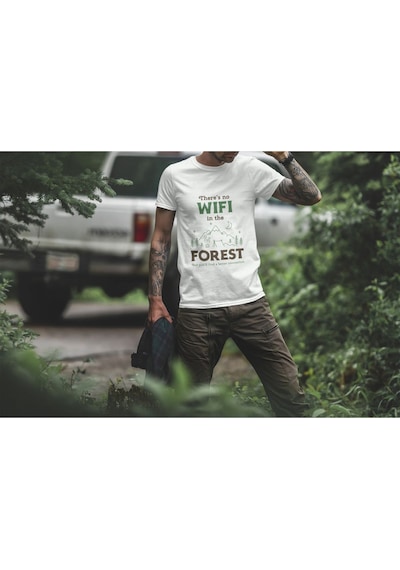 Outdoor Doğa Kamp No Wifi Tasarım Baskılı %100 Pamuk Regular Fit Beyaz T-shirt Beyaz