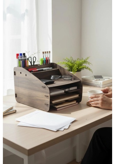 Evrak Rafı Masaüstü Medium Organizer Ceviz Desenli 3mm Mdf Kemençe