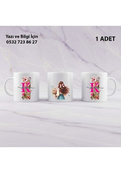 Kişiye Özel Baş Harfli Çiçek Desenli Uzun Saçlı Kızlı Kupa Bardak-arkadaşa Sevgiliyekardeşehediyelik Beyaz
