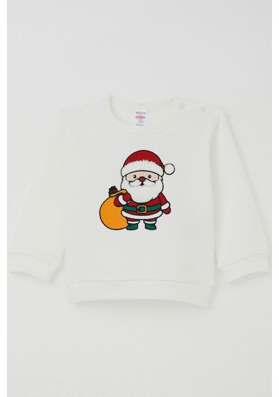 Breeze Erkek Bebek Pijama Takımı Omuzdan Patlı Yılbaşı Temalı Noel Baba Nakışlı 4 Ay-1 Yaş, Ekru Ekru
