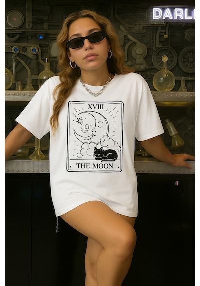 The Moon Baskılı Oversize Unisex Tişört BEYAZ