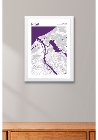Riga Letonya Latvia Haritası Çerçeveli Tablo Lüks Salon Ofis Duvar Dekorasyonu Hediyelik Tablo Beyaz