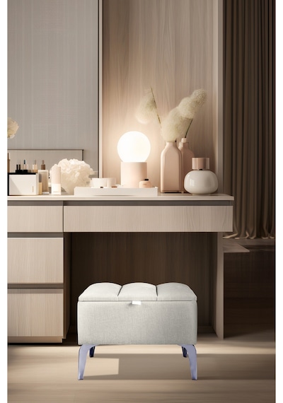 Vetra Mini Royal Beyaz Kumaş Sandıklı Dekoratif Puf&bench-dilimli Model-gümüş Ayak-modern Puf