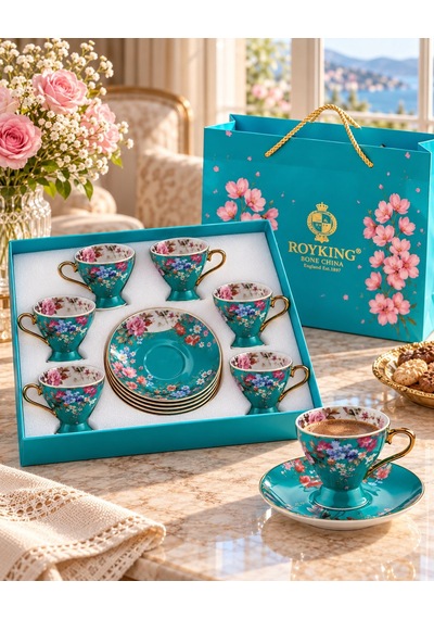 Çiçek Desenli 6'lı Turkuaz Porselen Kahve Fincanı Takımı 90 Ml. Çok  Renkli