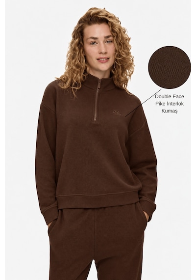 UCLA Ruelle Koyu Kahve Yarım Fermuarlı Nakışlı Pamuklu Loose Fit Kadın Pike Sweatshirt Koyu Kahverengi
