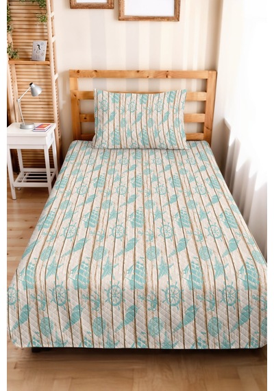 Marine Turkuaz Genç Odası Tek Kişilik Pike Takımı - Denizci Desenli Bej 160x220 Cm Yatak Örtüsü Ayazlı Kil Aralığı
