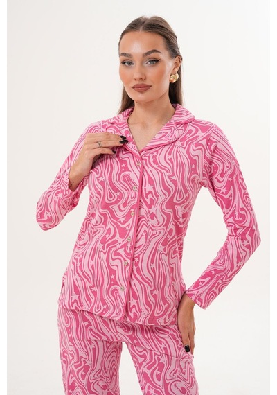 Çift Kaplan Kadın Pamuk Gömlek Yaka Önden Düğmeli Pembe Pijama Takımı 7023 Pembe