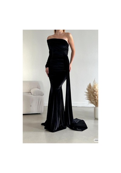 DefyModa Kadın Vintage Tek Omuz Kuyruklu Balık Kesim Abiye Elbise Siyah