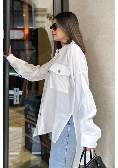WeShaya Kadın Beyaz Balon Kol, Pileli, Yırtmaçlı, Oversize, Keten Tunik Gömlek Beyaz
