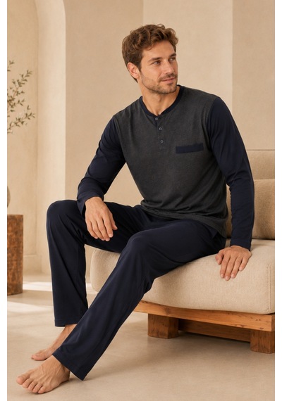 Loule Erkek Lacivert Jakarlı Yazlık Kışlık Pijama Takımı 4 Parça