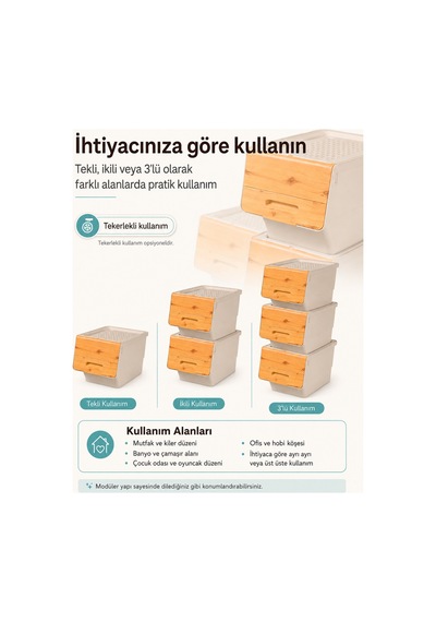 3 Katlı Tekerlekli Kapaklı Saklama Kutusu, Eşya Ve Erzak Organizer 3x12 Litre Bambu Bej Bej