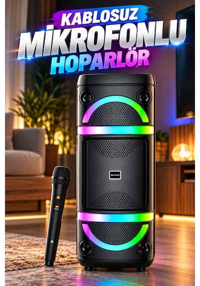 Bs-115 Kablosuz Mikrofonlu Bluetooth Hoparlör Çift 8 Inç Rgb Işıklı Karaoke Tws Usb Destekli