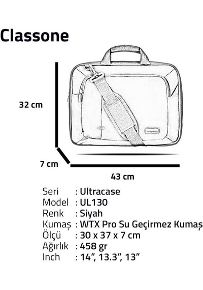 Classone Ul130 13 İnç Uyumlu Laptop Notebook El Çantası