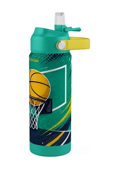 Puccon 540 Ml Basketbol Topu Baskılı Yeşil - Turuncu Erkek Çocuk Pipetli Çelik Termos Matara/suluk - 60060