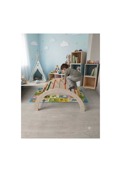 Montessori Pikler Arch Ahşap Tırmanma Köprüsü Ve Sallanan Koltuk - Doğal Ahşap Montessori Oyuncak - Renkli