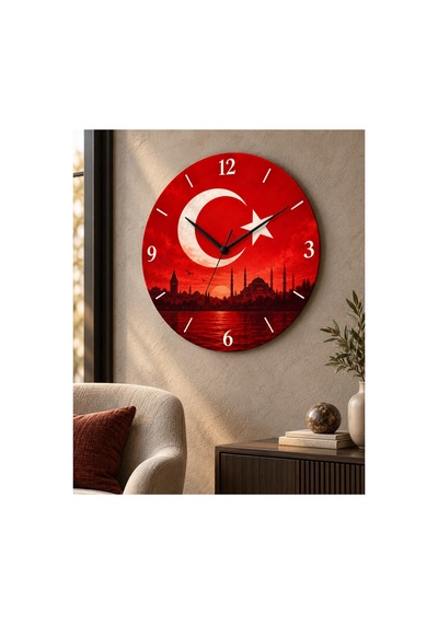 Türk Bayraklı Ay Yıldız Desenli 45 Cm Ahşap Sessiz Akar Mekanizmalı Uv Baskılı Dekoratif Duvar Saati Hediyelik 1087 Çok Renkli