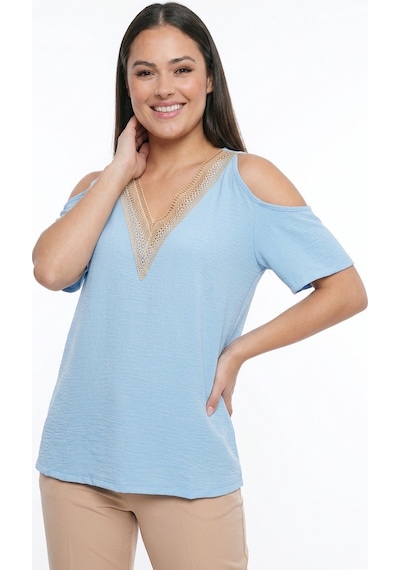 By Saygı Kadın Yakası Dantel Omuzları Dekolte Büyük Beden Likralı Ayrobin Bluz Bebek Mavisi By Saygı Kadın Yakası Dantel Omuzları Dekolte Büyük Beden Likralı Ayrobin Bluz Bebek Mavisi