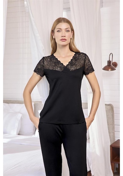 Aria's Closet Aesco Kısa Kollu Ve Dantelli V Yaka Pijama Takımı Siyah