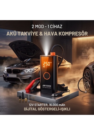 Büro Ev Ofis Kamp Keyfi İçin Powerbanklı Ekranlı Lambalı Akü Takviye Kompresörlü Lastik Pompası