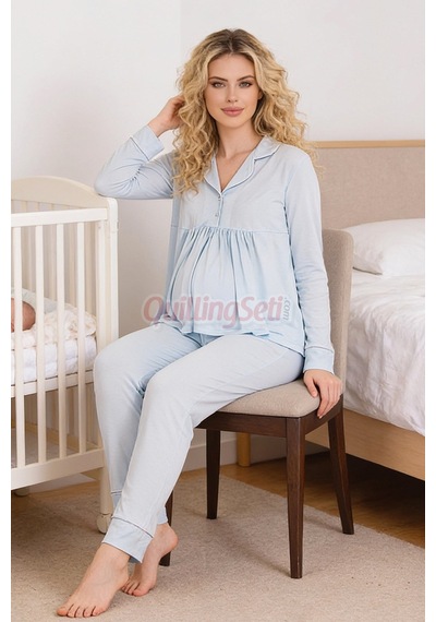 Lady Bebe Mavi Renkli Kol Ve Paçaları Manşetli, 33202 Uzun Kol, 2 Parça Lohusa Hamile Pijama Takımı Açık Mavi
