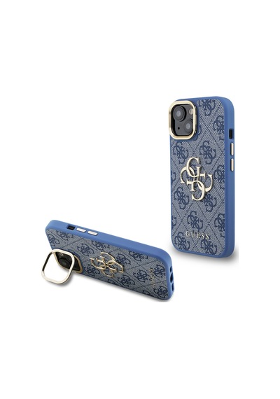 Apple iPhone 15 Uyumlu Kılıf Guess Lisanslı Metal 4g Ve Yazı Logolu Kamera Standlı Kapak Mavi
