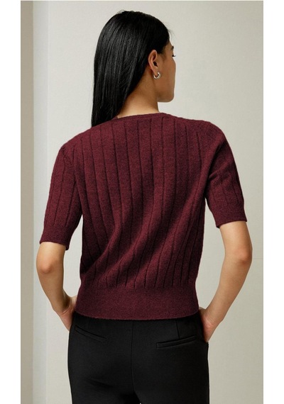 Bordo V Yaka Örgülü Kadın Triko Tişört Mg2369 Bordo