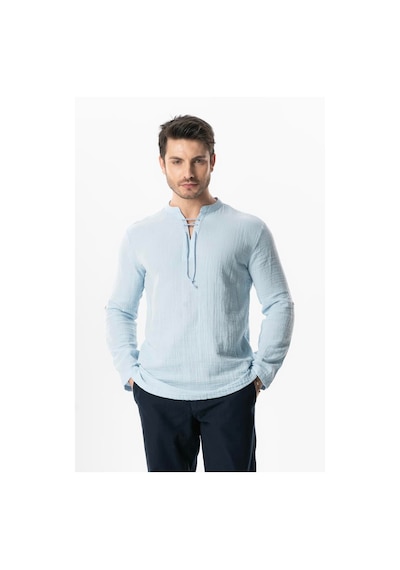 Uzun Kol Doruk V Yaka Bağcıklı Müslin Erkek Yazlık Tshirt Buz Mavi Bmv Buz Mavi
