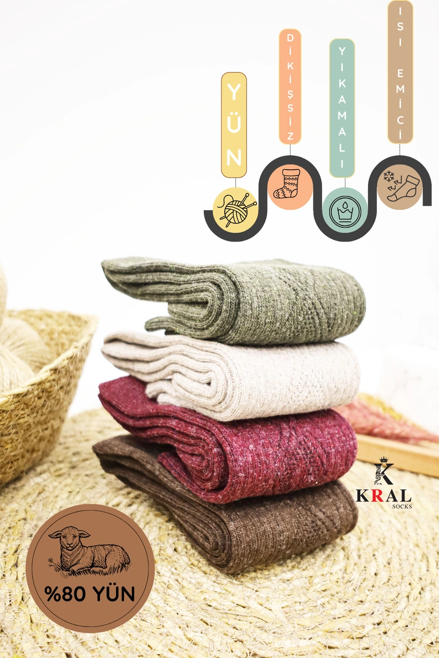 Miss Lana Ladies Socks Kışlık 4 Çift Lambswool Kadınlar Için Termal Kutulu Dikişsiz Yün Çorap ASORTİ